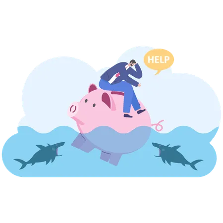 Businessman Loss Of Savings Sinking Piggy Bank Illustration Vector Cartoon Illustration