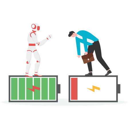 Businessman Low Battery VS Robot with Full Energy  Illustration