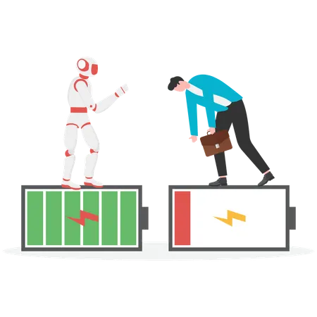 Businessman Low Battery VS Robot with Full Energy  Illustration
