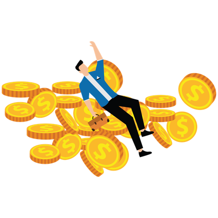 Businessman lying flat on his back inside pile of gold coins  Illustration