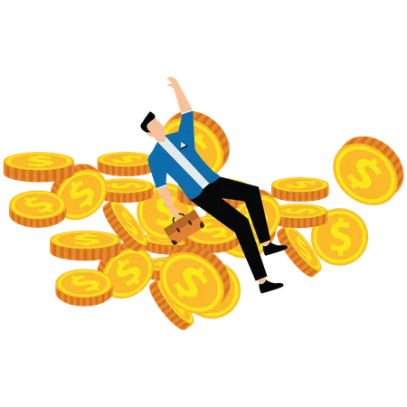 Businessman lying flat on his back inside pile of gold coins  Illustration