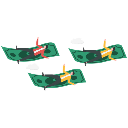 Businessman lying on banknotes floating in air  Illustration