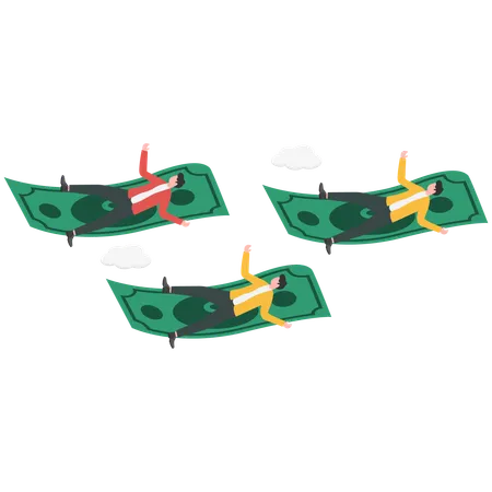 Businessman lying on banknotes floating in air  Illustration