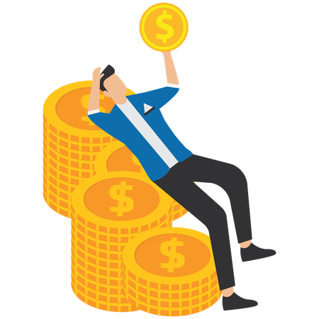 Businessman lying on pile of gold coins looking at gold coin  Illustration