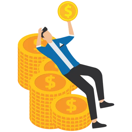 Businessman lying on pile of gold coins looking at gold coin  Illustration