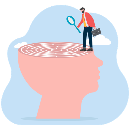 Businessman magnifier into labyrinth in brain  Illustration