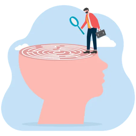 Businessman magnifier into labyrinth in brain  Illustration