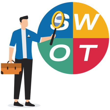 Businessman magnify analyze SWOT business jigsaw  Illustration