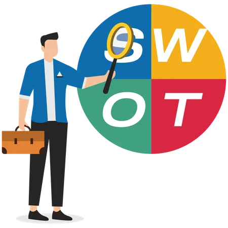 Businessman magnify analyze SWOT business jigsaw  Illustration