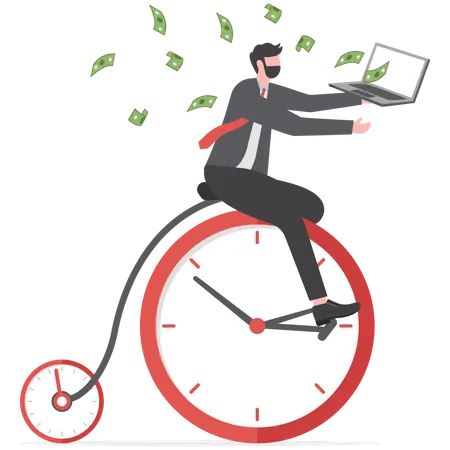 Time To Money Make Money Online Earning Form Online Investment Or Computer Crypto Trading Affiliate Marketing Or E Commerce Sales Concept Businessman Expertise Clock Riding Unicycle Making Money From Computer Laptop Illustration