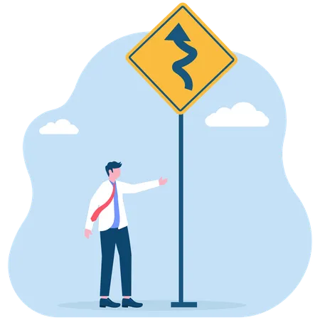 Businessman makes decision with winding road sign  Illustration