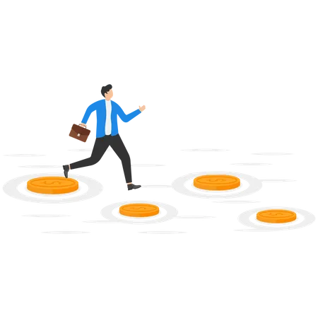 Businessman Makes Use Of Gold Coins As Stepping Stones To Get Across Water Vector Illustration For Concept Of Using Money To Overcome Challenges In Business Illustration