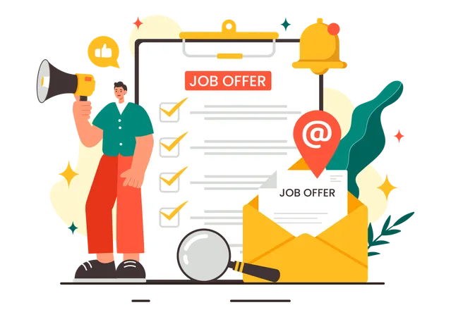 Job Offer Vector Illustration Featuring A Businessman Recruitment Search Career Start And Company Vacancy In A Flat Style Cartoon Background Illustration