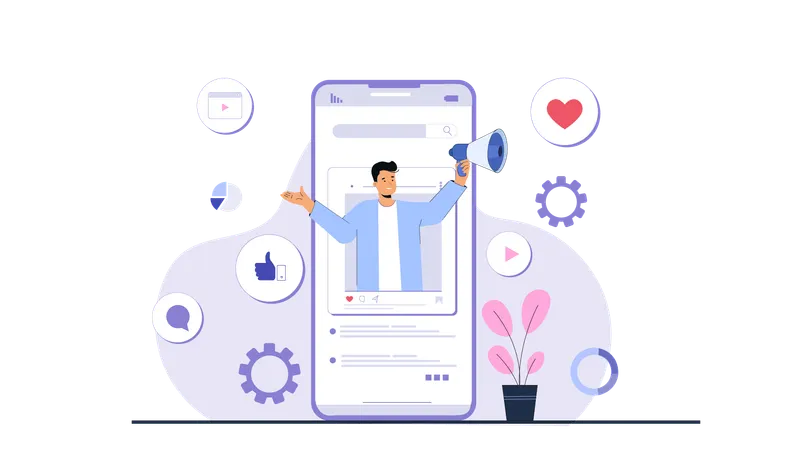 Businessman making announcement of branded products on social media  Illustration