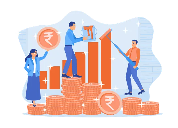 Businessman Making Graph Of Rising Rupee Coins  Illustration