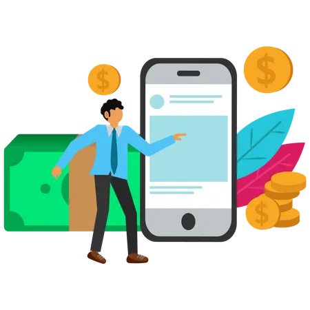 Businessman making money online with smartphone Illustration