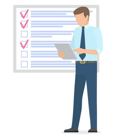 Month Scheduling To Do List Time Management Businessman Stands Near Checklist And Planning Plan Fulfilled Task Completed Timetable On Paper Sheet Check List Plan Schedule Creation Concept イラスト