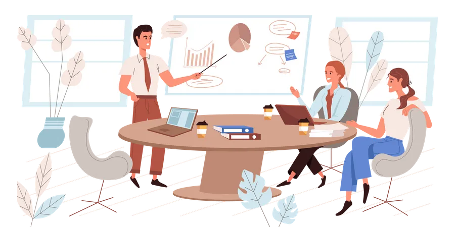 Leadership Concept In Flat Design Successful Team Of Employees At Business Meeting Colleagues Making Presentation And Brainstorming Partnership And Collaboration People Scene Vector Illustration Illustration