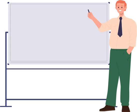 Businessman Cartoon Character Making Presentation Standing Nearby Whiteboard And Pointing At Surface With Pen Business Seminar Speaker Influencing Doing Inspirational Report Vector Illustration Illustration