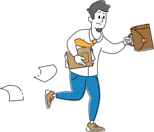 Businessman Male Hurry at Work Running with Briefcase and Scattered Paper  Illustration