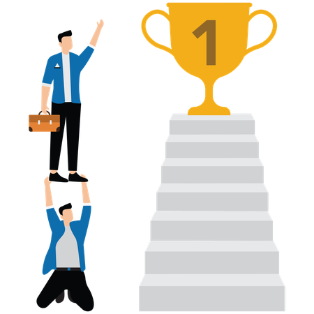 Businessman manager help employee to climb up to reach success trophy  Illustration