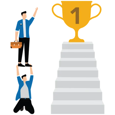 Businessman manager help employee to climb up to reach success trophy  Illustration