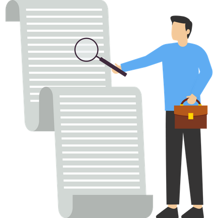 Businessman manager holding document paper checking big magnifying glass  Illustration