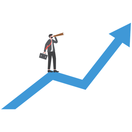 Businessman manager using a telescope to see future standing on top of rising arrow market graph  イラスト