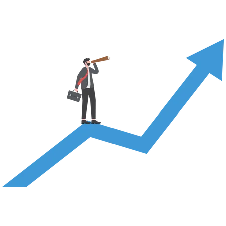 Businessman manager using a telescope to see future standing on top of rising arrow market graph  Illustration