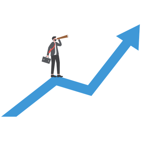 Businessman manager using a telescope to see future standing on top of rising arrow market graph  Illustration