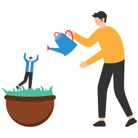 Businessman manager watering growth talented staff in grow seedling pot  Illustration