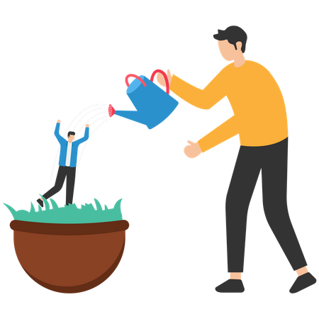 Businessman manager watering growth talented staff in grow seedling pot  Illustration