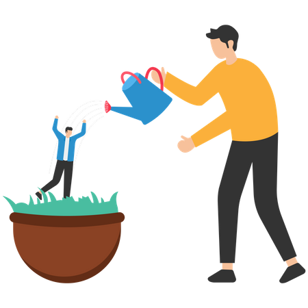 Businessman manager watering growth talented staff in grow seedling pot  Illustration