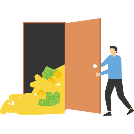 Businessman Opening A Door A Pile Of Money Flew Out Of The Door Easy Money Make A Fortune Illustration