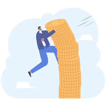 Businessman Or Manager And Pile Of Coins He Is Hanging And Clinging To The Pile Of Golden Coins Business Concept Vector Illustration Flat Illustration