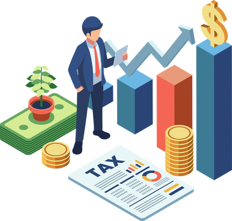 Businessman Managing Income Tax with Document and Money  Illustration