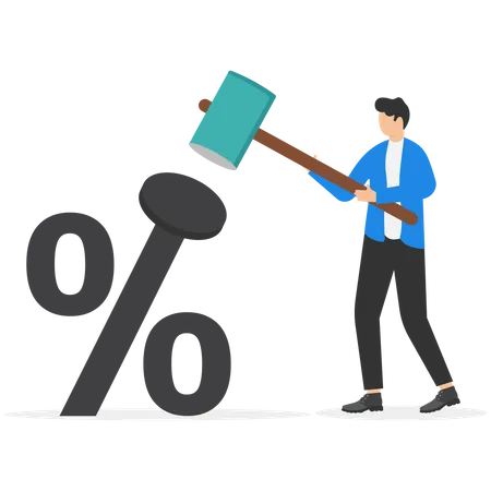 Businessman Using Hammer To Nail Percentage Sign To The Floor Federal Reserve Low Interest Rate Or Central Bank With Long Time Zero Percent Interest Rate Until Economic Recovery Concept Illustration