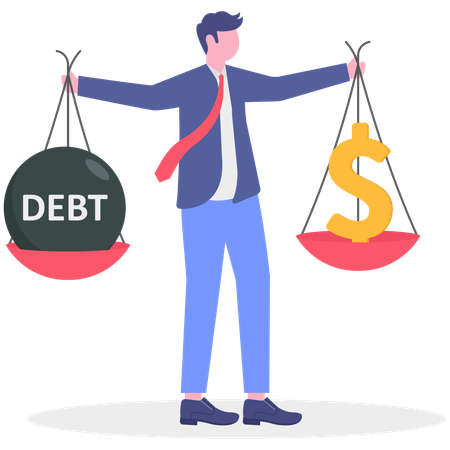 Businessman measuring debt and dollar  Illustration