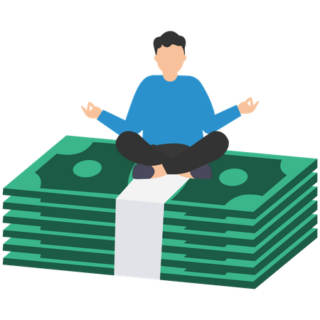 Businessman meditate and floating on big golden money dollar coin  Illustration