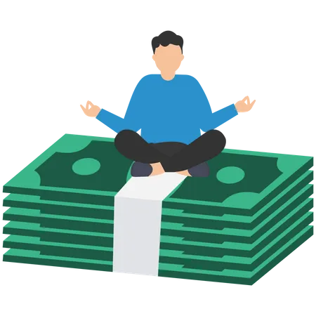 Businessman meditate and floating on big golden money dollar coin  Illustration