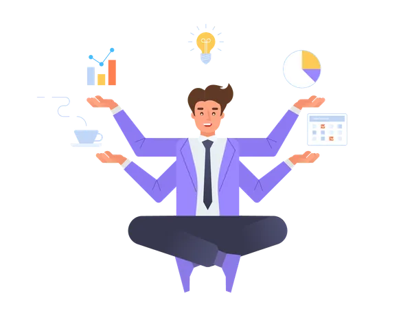 Multitasking Concept Business Man Sitting And Meditating In Lotus Pose With Four Hands Freelance Work And Effective Time Management Vector Illustration In Flat Linear Style Illustration