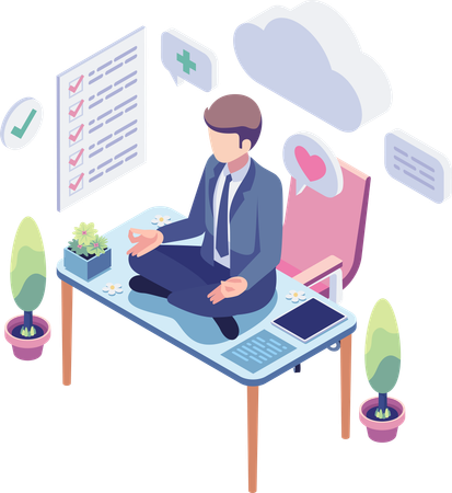 Businessman Meditating for Anxiety Management at Desk  Illustration