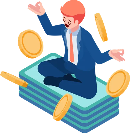 Businessman Meditating on Pile of Money and Coin  Illustration
