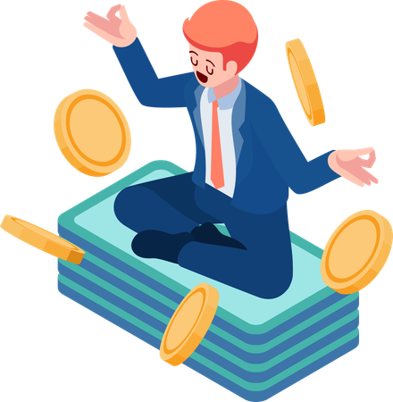 Businessman Meditating on Pile of Money and Coin  Illustration