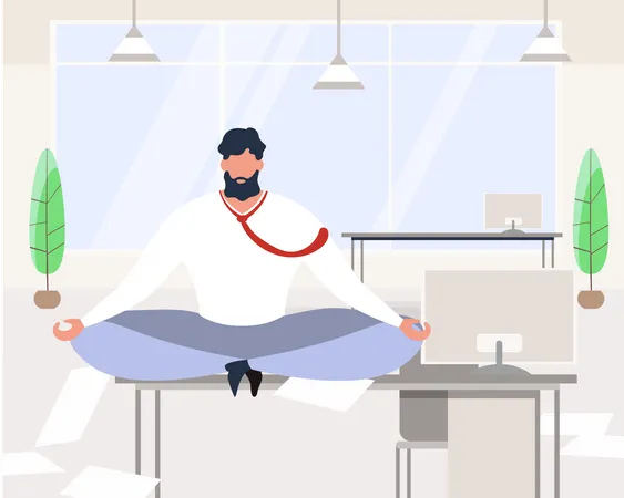 Businessman Meditating Sit on office Table Illustration