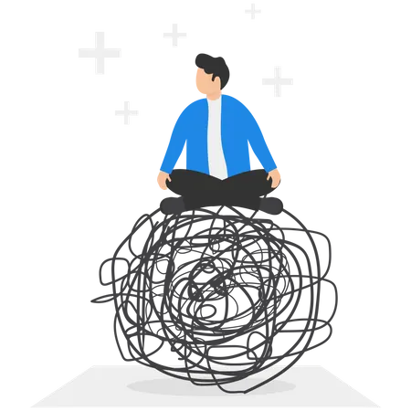 Businessman In Lotus Meditation On Chaos Mess Line With Positive Energy Stress Management Meditation Flat Vector Illustration Illustration