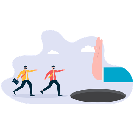 Businessman megaphone shout team stopping run edge of hill  Illustration
