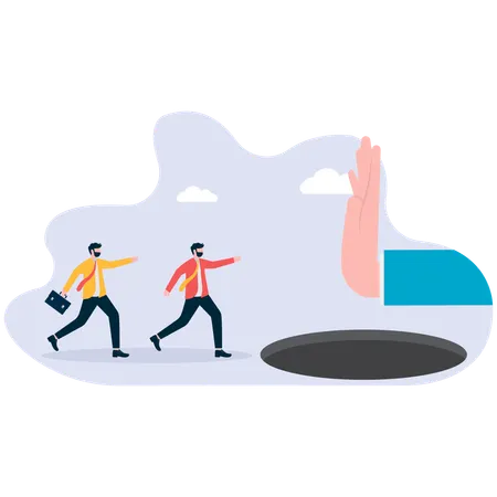 Businessman megaphone shout team stopping run edge of hill  Illustration