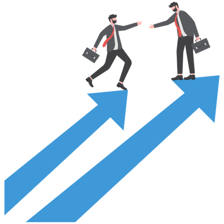 Businessman mentor help co-worker to climb growth arrow chart  Illustration