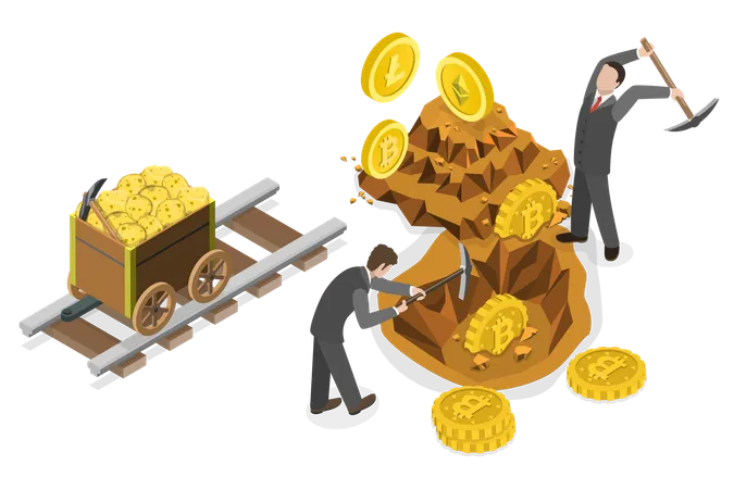 Businessman mining bitcoin at Farm  Illustration